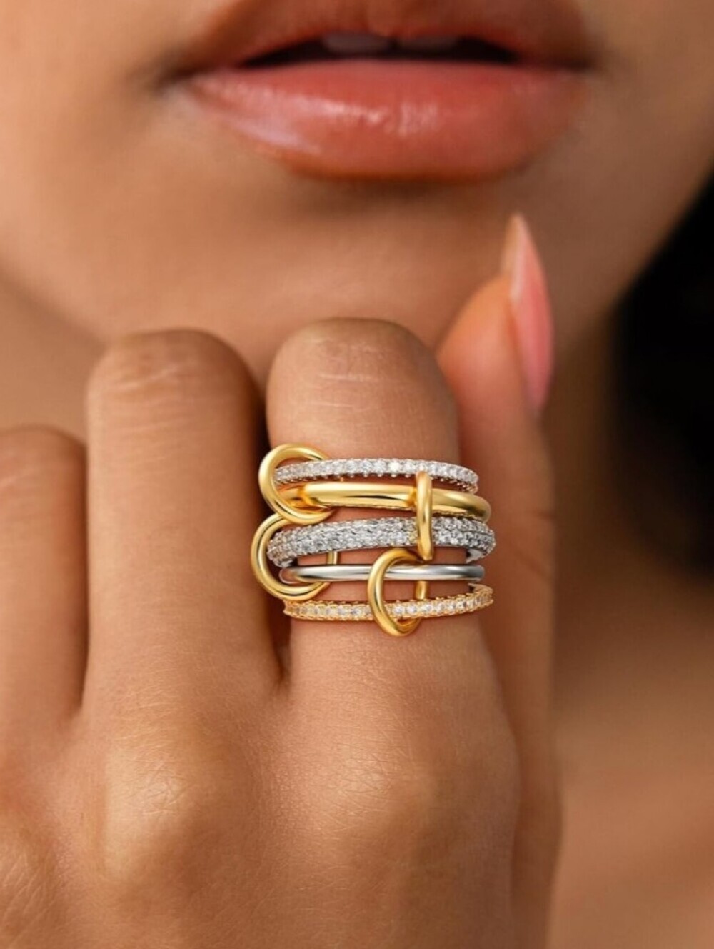 Gold and Silver Multi-Band Statement Ring - Women Jewelry